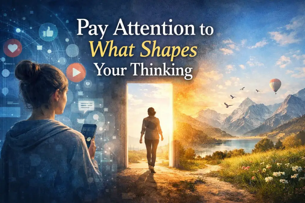 llustration of a person stepping through a doorway from a social media algorithm bubble into an open landscape, symbolizing curiosity and expanding perspective.