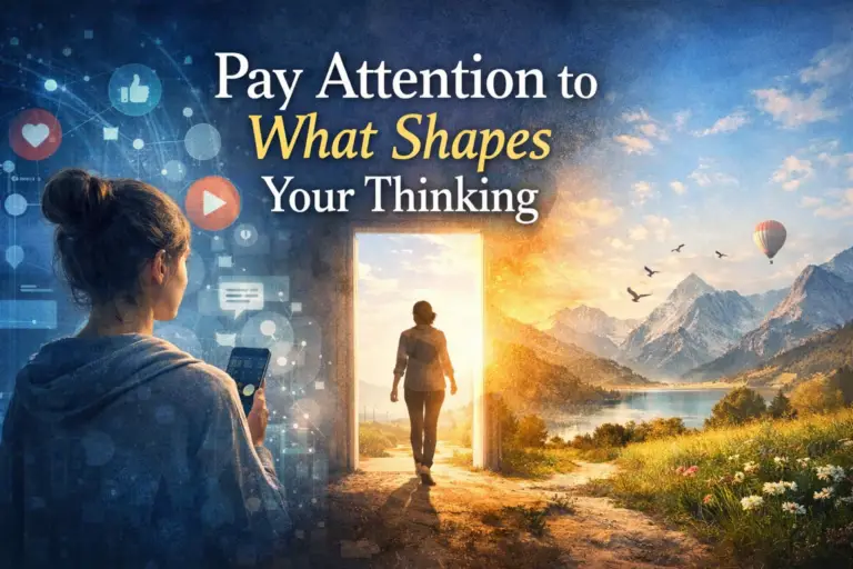 llustration of a person stepping through a doorway from a social media algorithm bubble into an open landscape, symbolizing curiosity and expanding perspective.