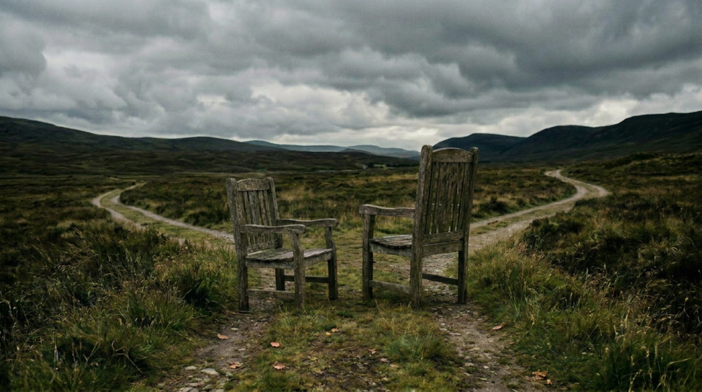 wo empty wooden chairs facing diverging paths in an open landscape under cloudy skies