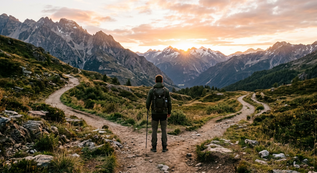 Man standing at a mountain crossroads looking at two diverging paths, symbolizing a moment of life choice and self-reflection.