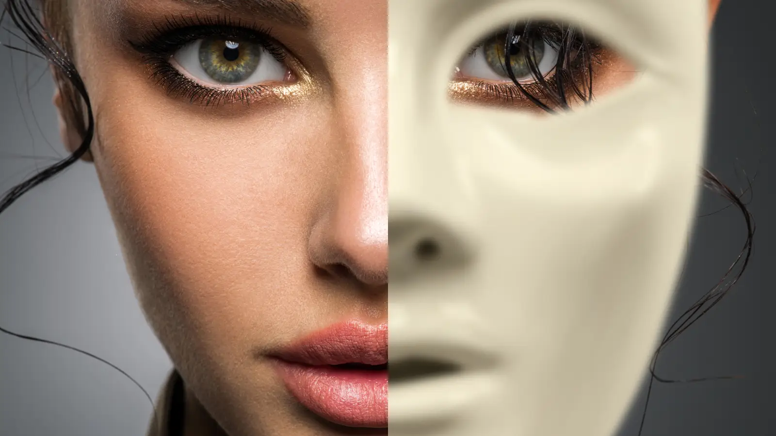 Split portrait of a woman’s real face and a porcelain mask, symbolizing the difference between authentic identity and the persona people present to the world